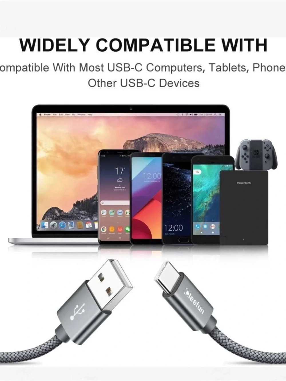 USB-A to USB-C Charging Cable - Gray Braided (2-Pack)
